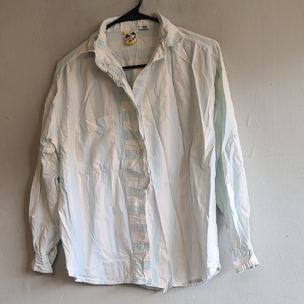 Women's large vintage blue/white funky striped long sleeve cotton shirt 1990s